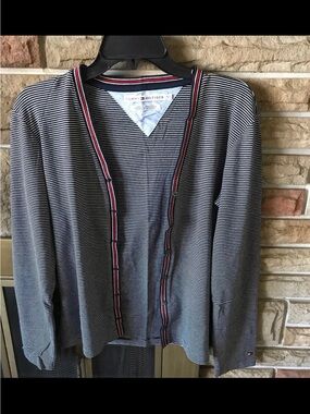 Tommy Hilfiger Navy & White Striped Cardigan with Red Trim